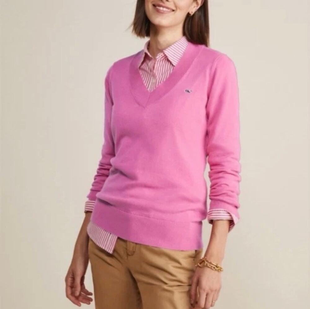 Vineyards Heritage Cotton V-Neck Sweater Neon Confetti Pink Size XL